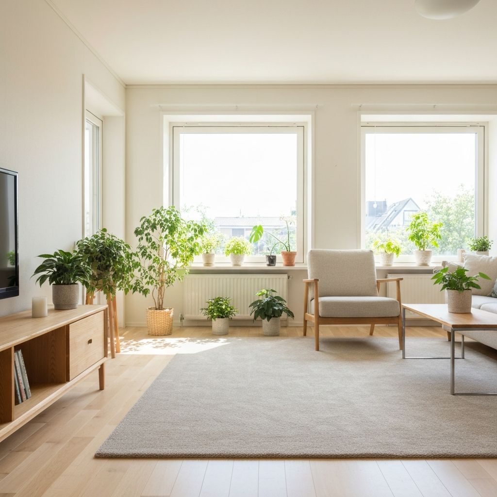 Bright, clean Scandinavian living room with natural light